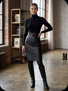 Vintage Classic Black Genuine Leather Pencil Skirt by Yucatan Bay XS